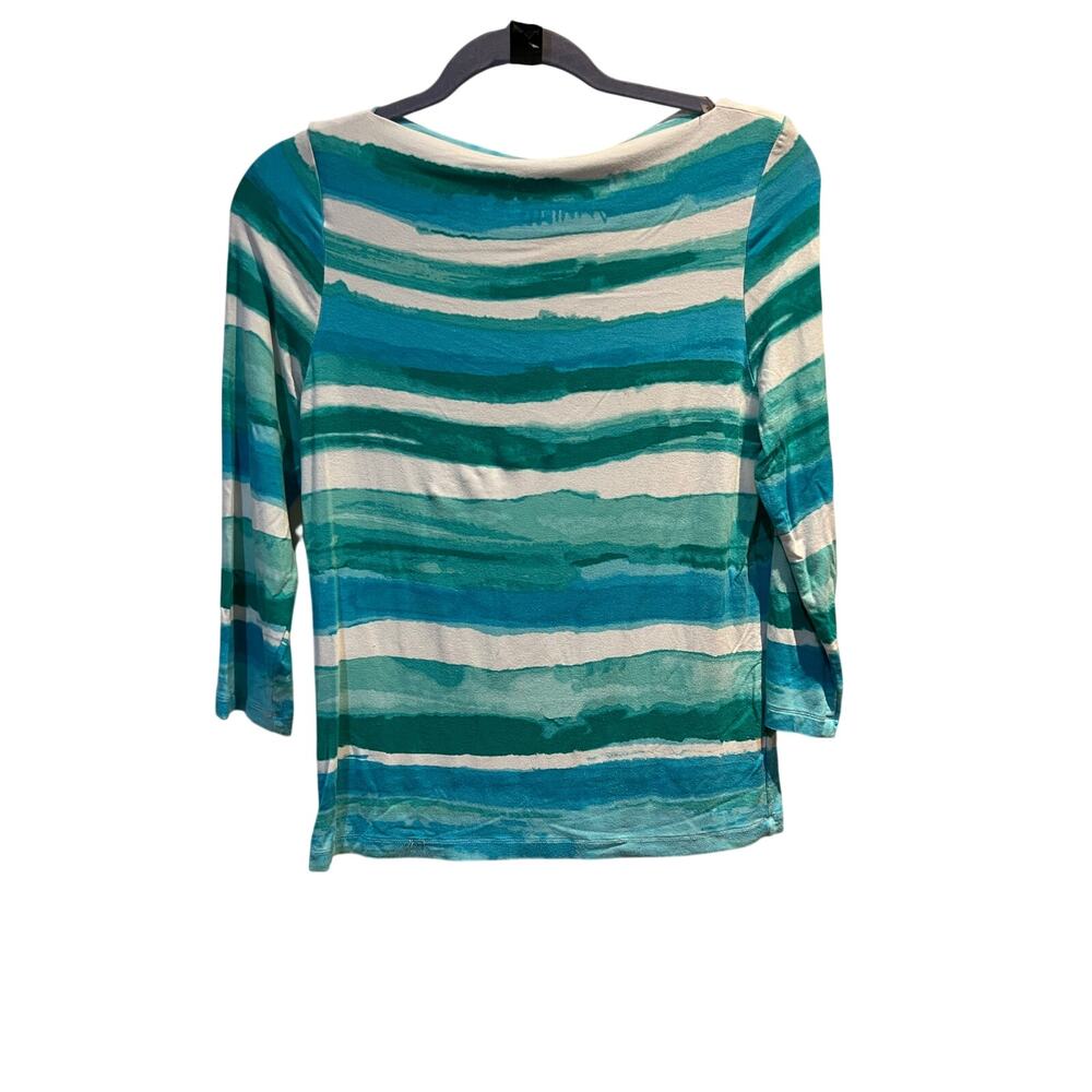 Ruby Rd Women’s Small Watercolor Blue Teal Striped Boat Neck 3/4 Sleeve Knit Top